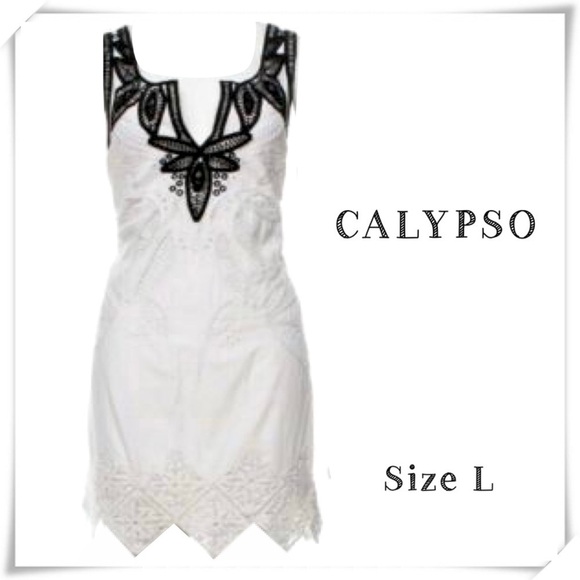 CALYPSO St Barth Eyelet Lace Dress in White with Black Trim - Picture 1 of 9